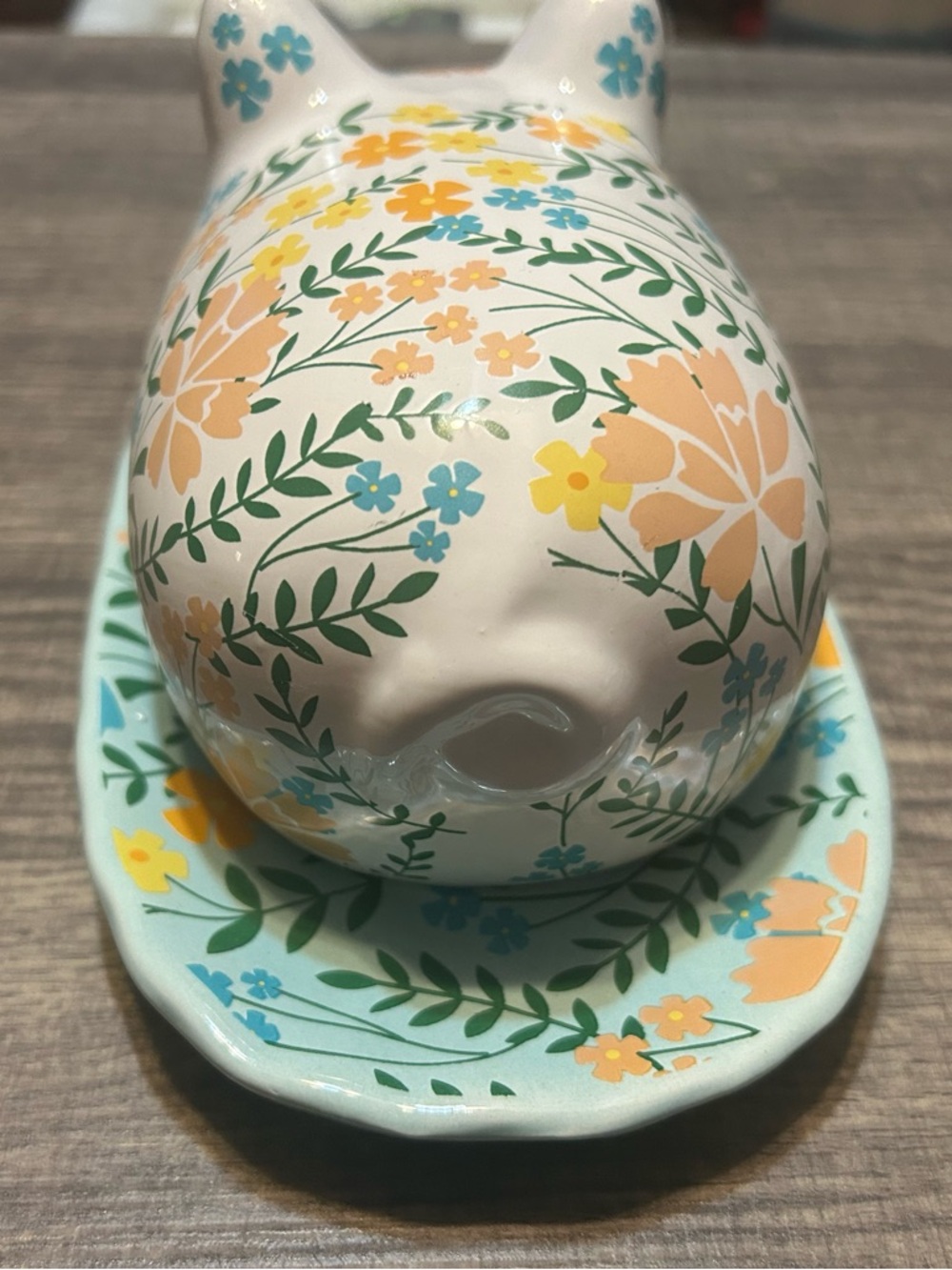 Pig Butter Dish Keeper Storage Display Floral Print Ceramic 8" Aqua Green Yellow - Picture 5 of 10